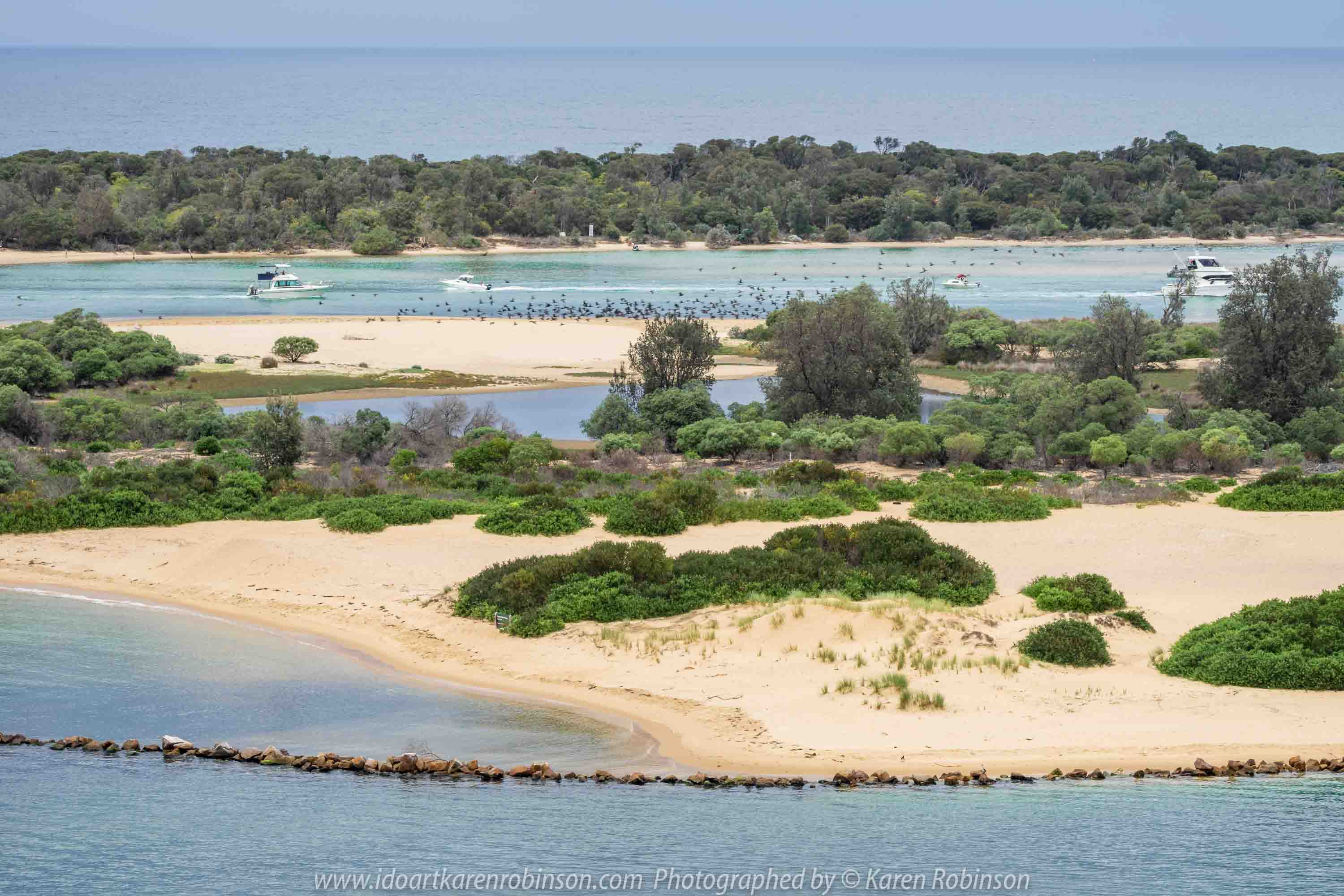 Lakes Entrance, Victoria - Australia 'Shoreline and Harbour Views' Photographed by Karen Robinson January 2019 Comments - On our way to see hubby's brother, we made a slight detour to visit this area. The weather was overcast but still pleasant. It was difficult to photography scenes I wanted and I realised that aerial shots would be best, so we went to a couple of lookouts to help capture some overview shots of Lakes Entrance.