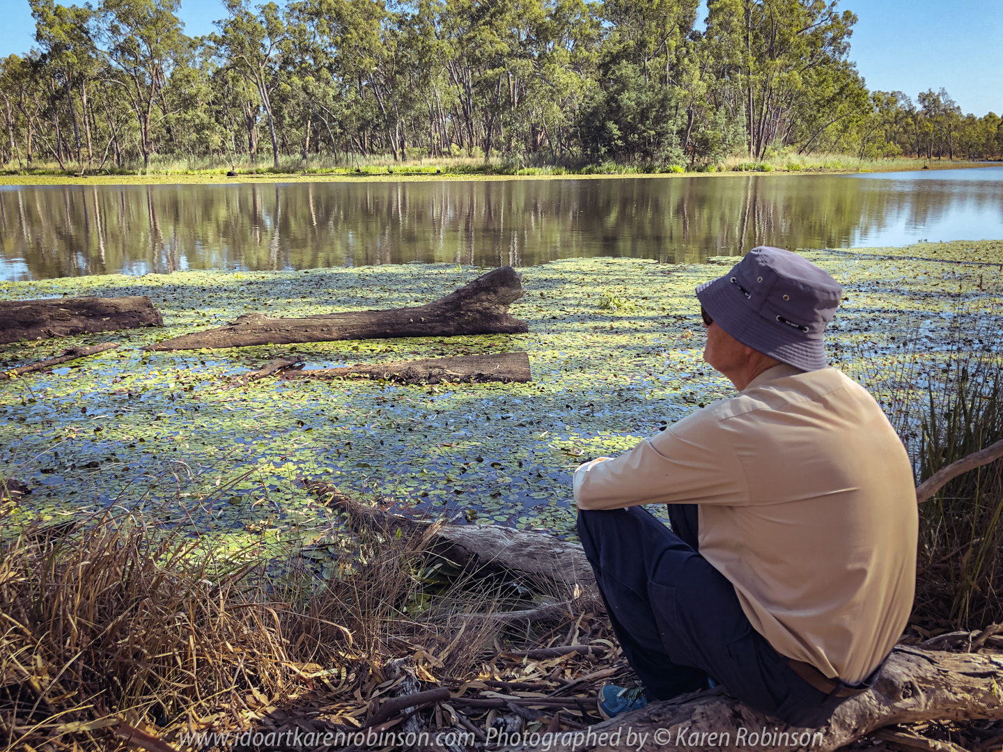 Nagambie, Victoria - Australia 'Tahbilk Wetlands and Tabik Lagoon Summertime' Photographed by Karen Robinson Jan 2021 Comments: Pretty Tabik Lagoon views where plentiful water lilies dressed the lagoon’s water edge. Due to kind winter rains, the local vegetation was a healthy green as well. But in some parts of the Lagoon, water levels had lowered so much so that muddy riverbeds were revealed underneath the existing water lilies. Photograph featuring Mark Hubby my dear Sherpa!