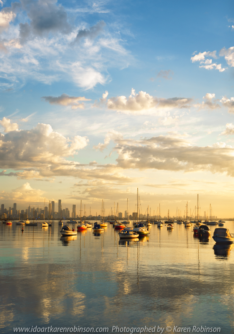 Williamstown, Victoria - Australia 'Sunrise New Year's Day 2021' Photographed by Karen Robinson Jan 2021 Comments: Beautiful sunrise at Williamstown from Bay Trail Walk looking across Port Phillip Bay towards anchored Yachts and Boats and Melbourne City Skyline.