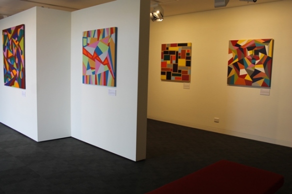 Karen Robinson's solo exhibition titled 'When Words are hard to find' at Gee Lee-Wik Doleen Gallery 2015 - in this photo featuring some of the paintings exhibited - 'Lifes A Washing Machine', 'America's Economy Crash', 'Brick Wall' and 'A Fractured Life' NB: All images are protected by copyright laws.JPG